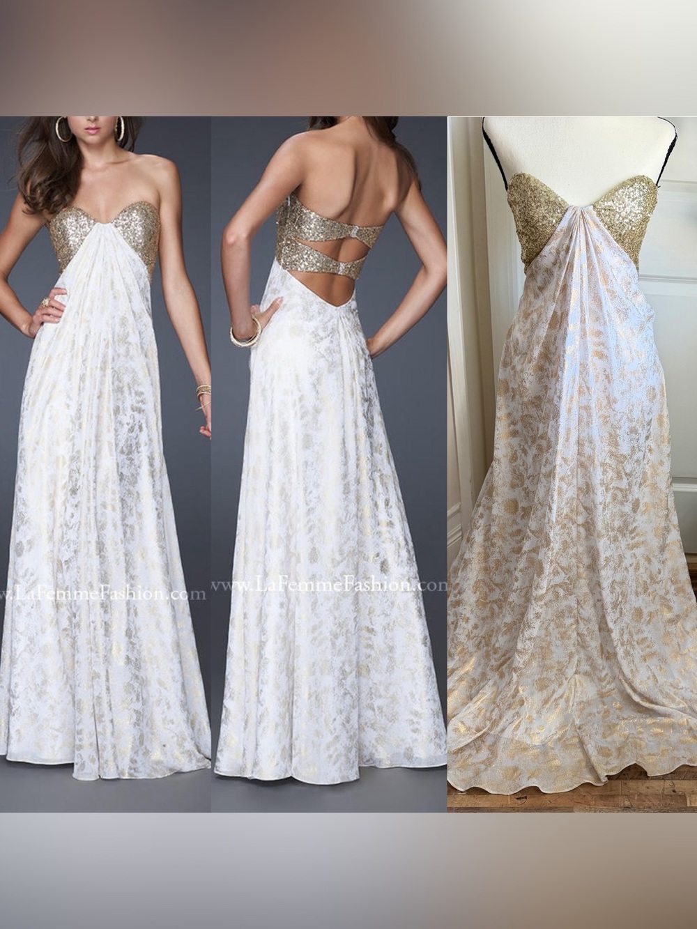 La Femme 15991 Metallic Scroll Print Sequin Gown Ivory Gold Sz 0